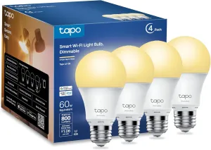Tapo TP-Link Smart Light Bulbs, 800 Lumens (60W Equivalent), 2700K Soft Warm White LED Bulb, Dimmable, Compatible with Alexa and Google Home, No Hub Required, A19 E26, L510E (4-Pack)