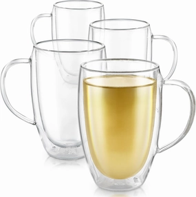 Teabloom Double Walled Mugs - 12 oz / 350 ml – Set of 4 Insulated Glass Mugs for Tea, Coffee, and More – Clear Bliss Collection