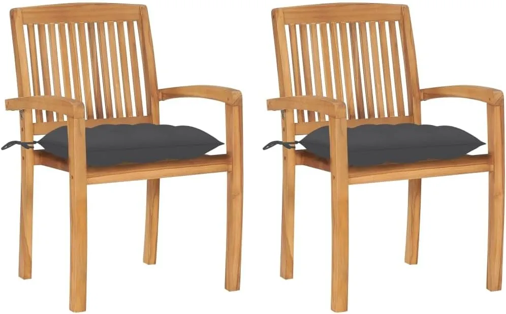Teak Wood Patio Chairs with Anthracite Cushions 2-Piece Set, Stackable Outdoor Furniture for Garden Backyard Poolside, Durable Water-Resistant Lounge Chairs