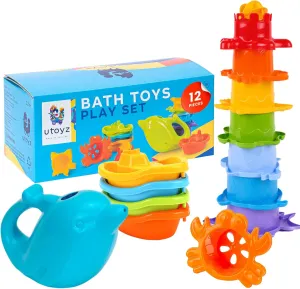 TECHNOK Baby Bath Toys for Toddlers - 12 pcs Rainbow Stacking Cups Baby Toy with Bath Boats Train and Toddler Watering Can - Stackable Plastic Bath Toys - Sea Animal Shapes Bath Toy for Girls and Boys
