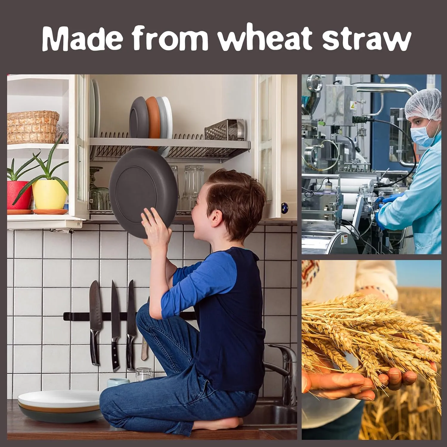 Teivio 16-Piece Kitchen Plastic Wheat Straw Dinnerware Set, Service for 4, Dinner Plates, Dessert Plate, Cereal Bowls, Cups, Unbreakable Plastic Outdoor Camping Dishes, Farmhouse