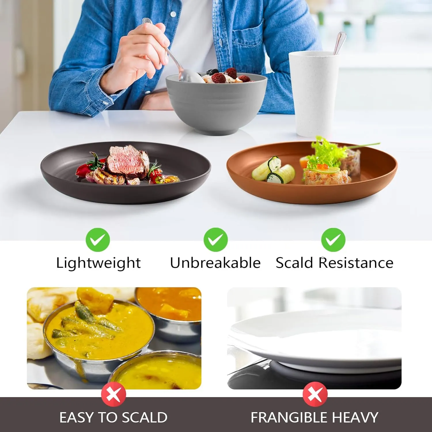 Teivio 16-Piece Kitchen Plastic Wheat Straw Dinnerware Set, Service for 4, Dinner Plates, Dessert Plate, Cereal Bowls, Cups, Unbreakable Plastic Outdoor Camping Dishes, Farmhouse