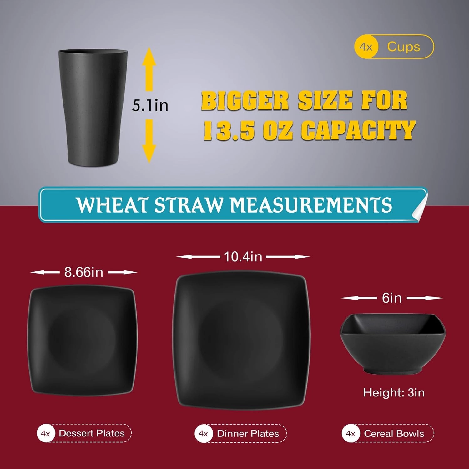 Teivio 16-piece Plastic Wheat Straw Square Dinnerware Set for 4, Unbreakable Dinner Plates, Salad Plates, Snack Bowls, Tumblers 13.5 oz, Dishwasher Safe, Black Matte