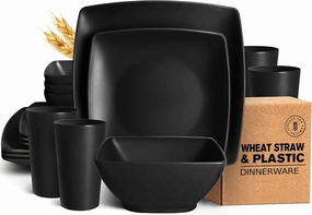 Teivio 16-piece Plastic Wheat Straw Square Dinnerware Set for 4, Unbreakable Dinner Plates, Salad Plates, Snack Bowls, Tumblers 13.5 oz, Dishwasher Safe, Black Matte