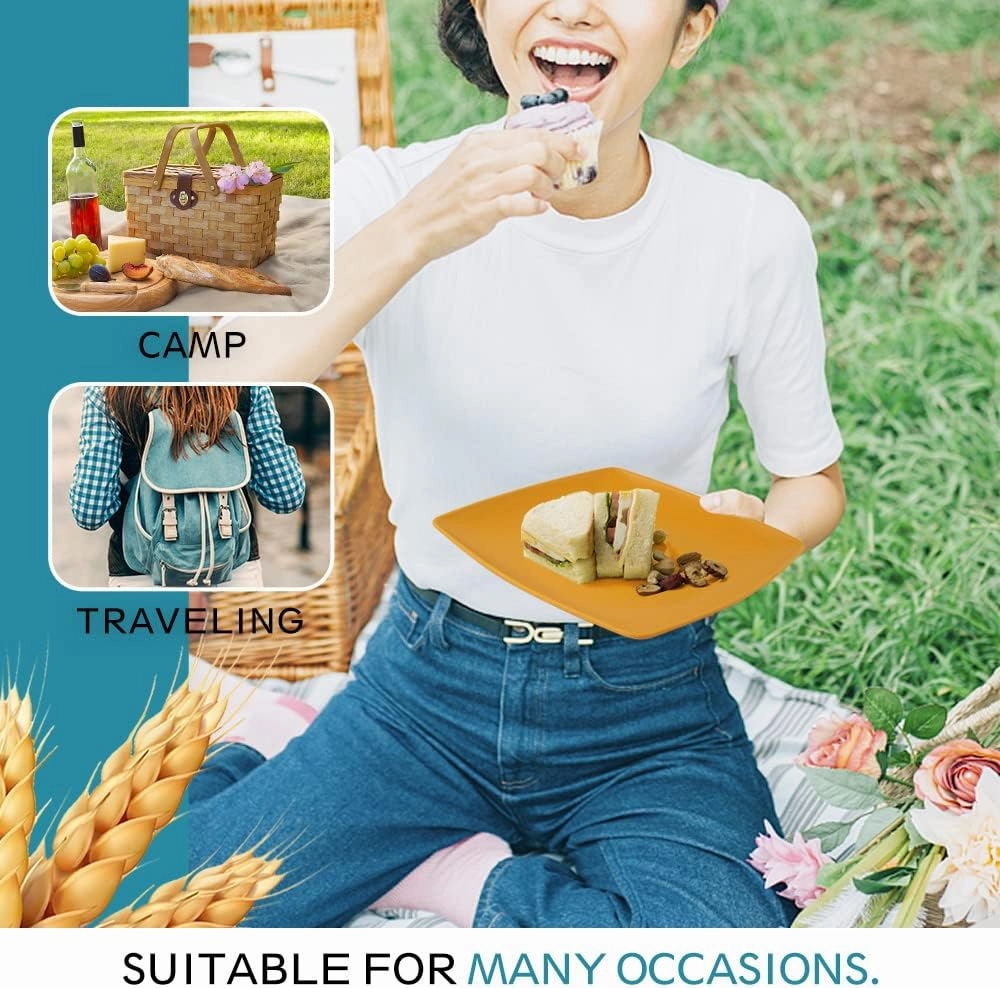 Teivio 32-piece Plastic Wheat Straw Square Dinnerware Set for 8, Unbreakable Dinner Plates, Salad Plates, Snack Bowls, Tumblers 13.5 oz, Dishwasher Safe, Autumn Multicolor