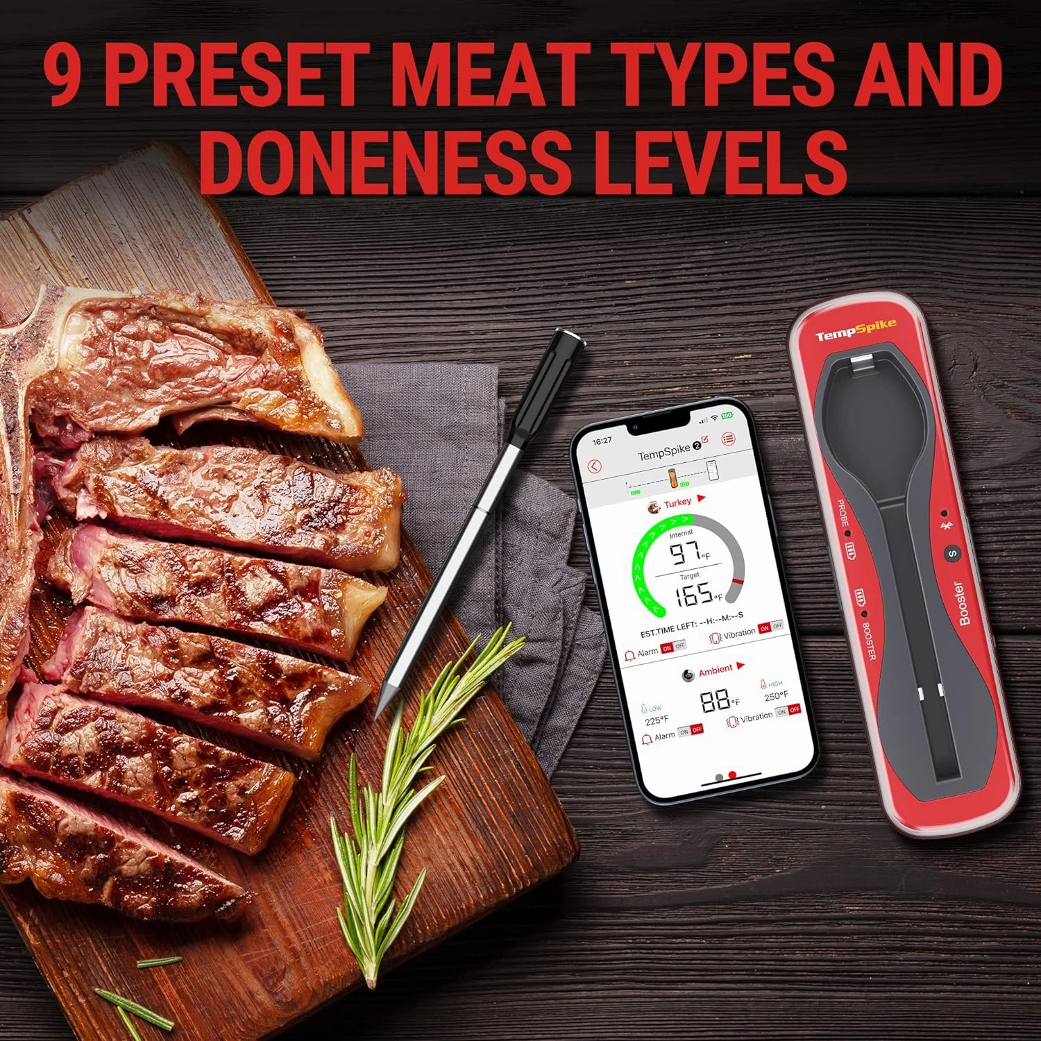 Tempspike Premium Truly Wireless Meat Thermometer up to 500-Ft Remote Range, Bluetooth Meat Thermometer with Wire-Free Probe, Meat Thermometer Wireless for Sous Vide Smoker Rotisserie