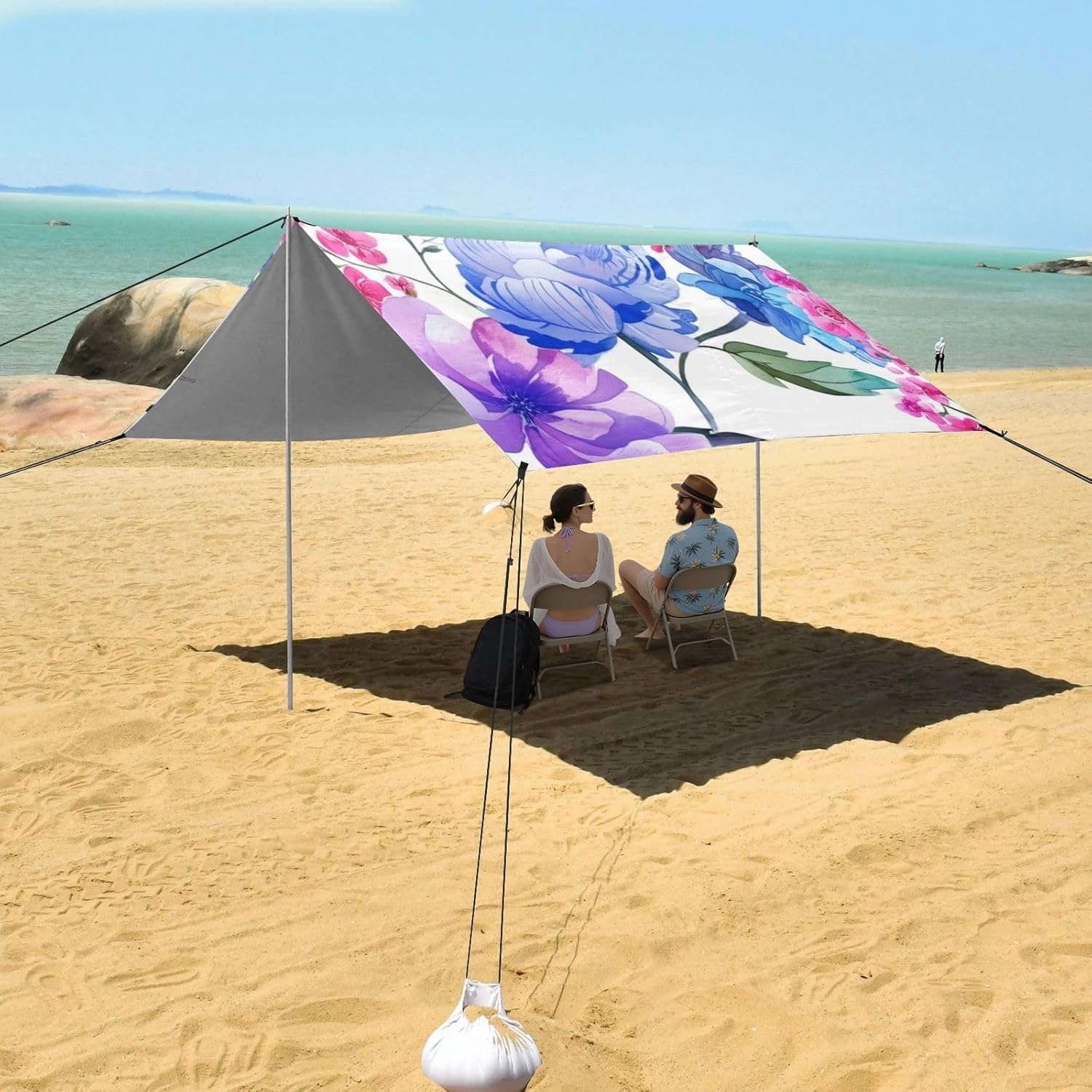Tent Beach Canopy 9.2 × 10.5 FT Outdoor Patio Shade Cute Watercolor Flowers Purple Blue White Large Sand Camping Sun Shelter Canopies with Sandbags Anchor