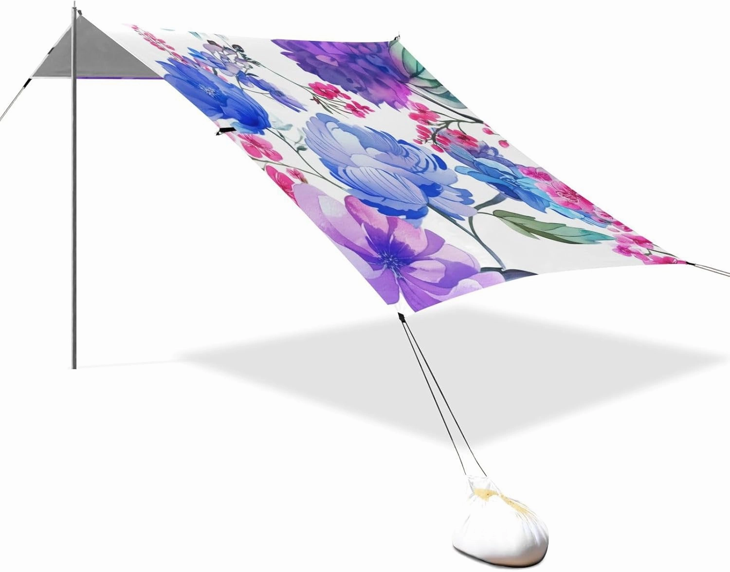 Tent Beach Canopy 9.2 × 10.5 FT Outdoor Patio Shade Cute Watercolor Flowers Purple Blue White Large Sand Camping Sun Shelter Canopies with Sandbags Anchor