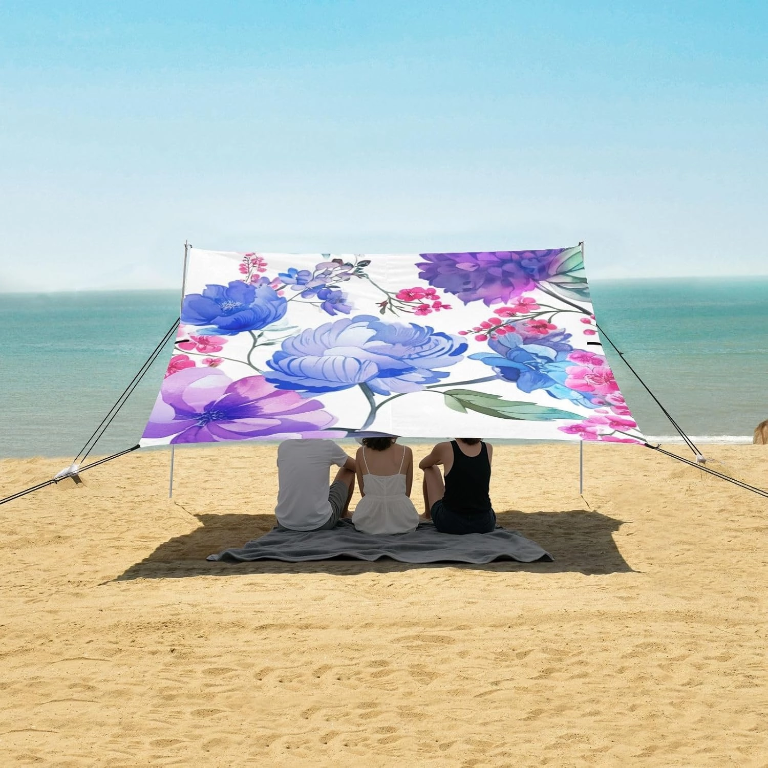 Tent Beach Canopy 9.2 × 10.5 FT Outdoor Patio Shade Cute Watercolor Flowers Purple Blue White Large Sand Camping Sun Shelter Canopies with Sandbags Anchor