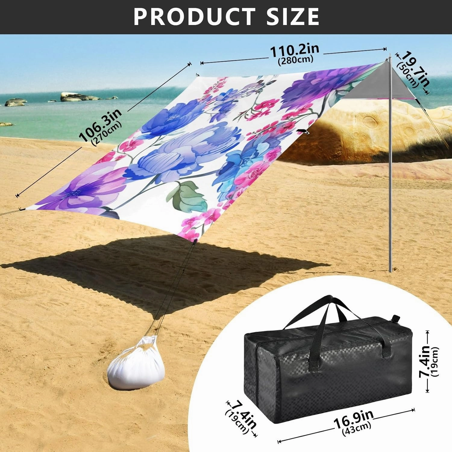 Tent Beach Canopy 9.2 × 10.5 FT Outdoor Patio Shade Cute Watercolor Flowers Purple Blue White Large Sand Camping Sun Shelter Canopies with Sandbags Anchor