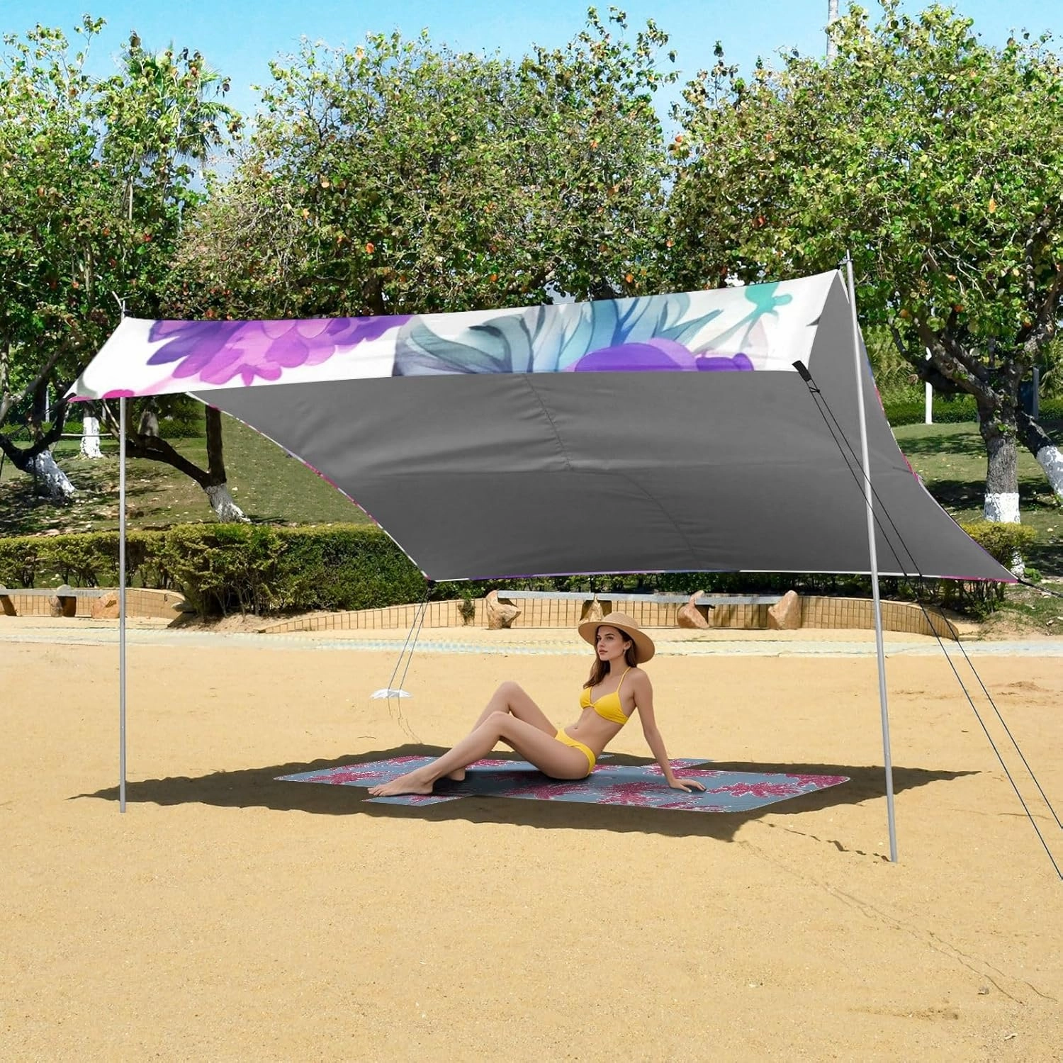 Tent Beach Canopy 9.2 × 10.5 FT Outdoor Patio Shade Cute Watercolor Flowers Purple Blue White Large Sand Camping Sun Shelter Canopies with Sandbags Anchor