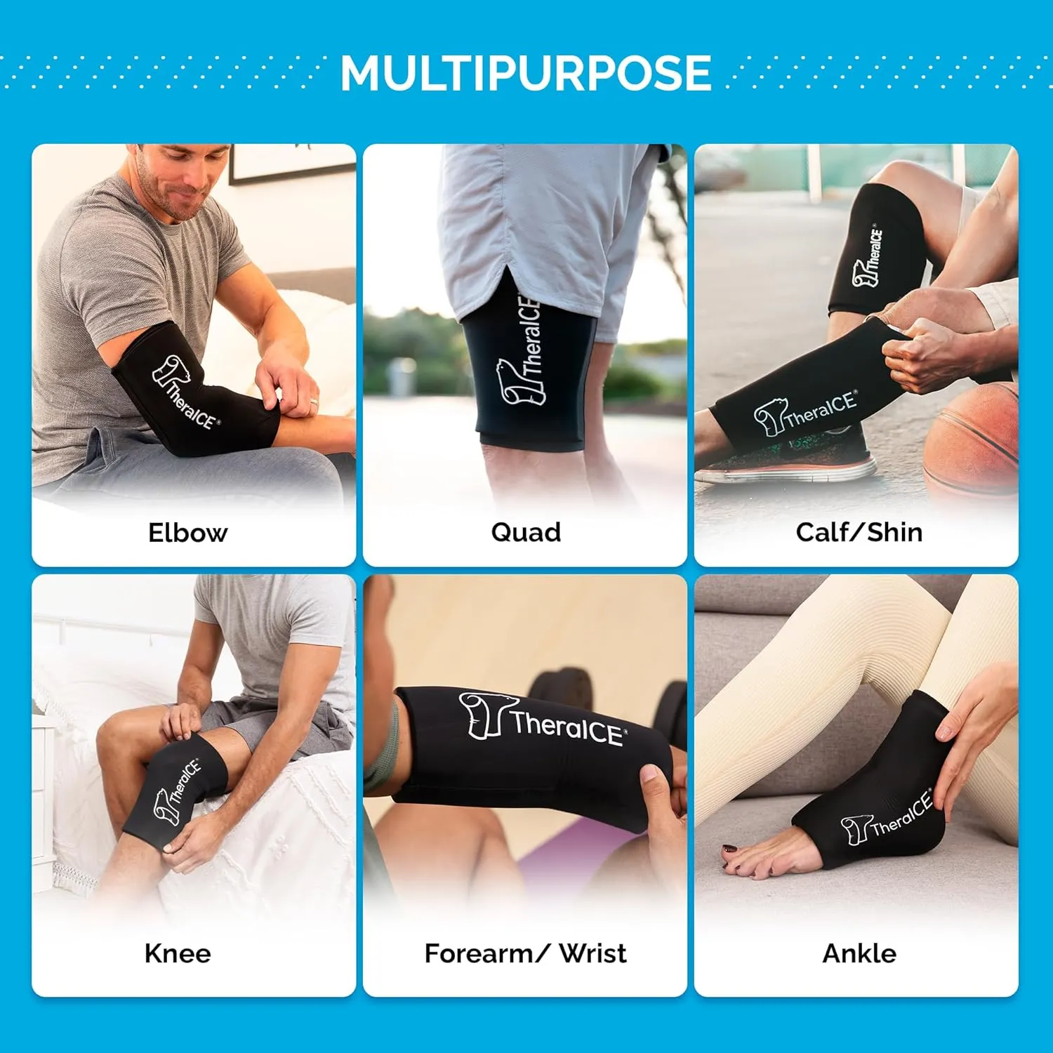 TheraICE Elbow & Knee Ice Pack for Injuries Compression Sleeve, Reusable Gel Cold Pack for Knee, Elbow, Ankle, Calf - Flexible Cold Wrap Recovery for Meniscus, ACL, MCL, Pain Relief (L)
