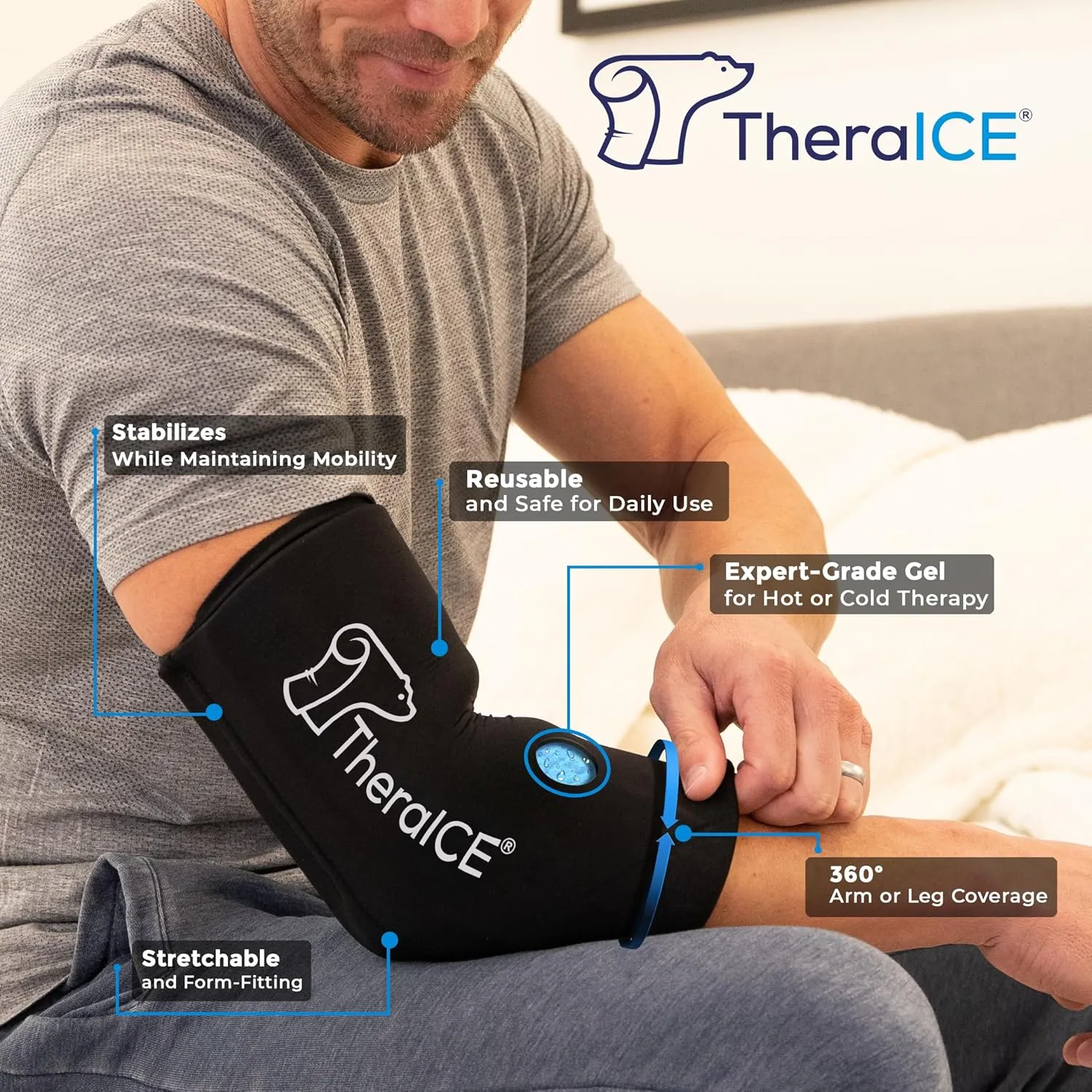 TheraICE Elbow & Knee Ice Pack for Injuries Compression Sleeve, Reusable Gel Cold Pack for Knee, Elbow, Ankle, Calf - Flexible Cold Wrap Recovery for Meniscus, ACL, MCL, Pain Relief (L)