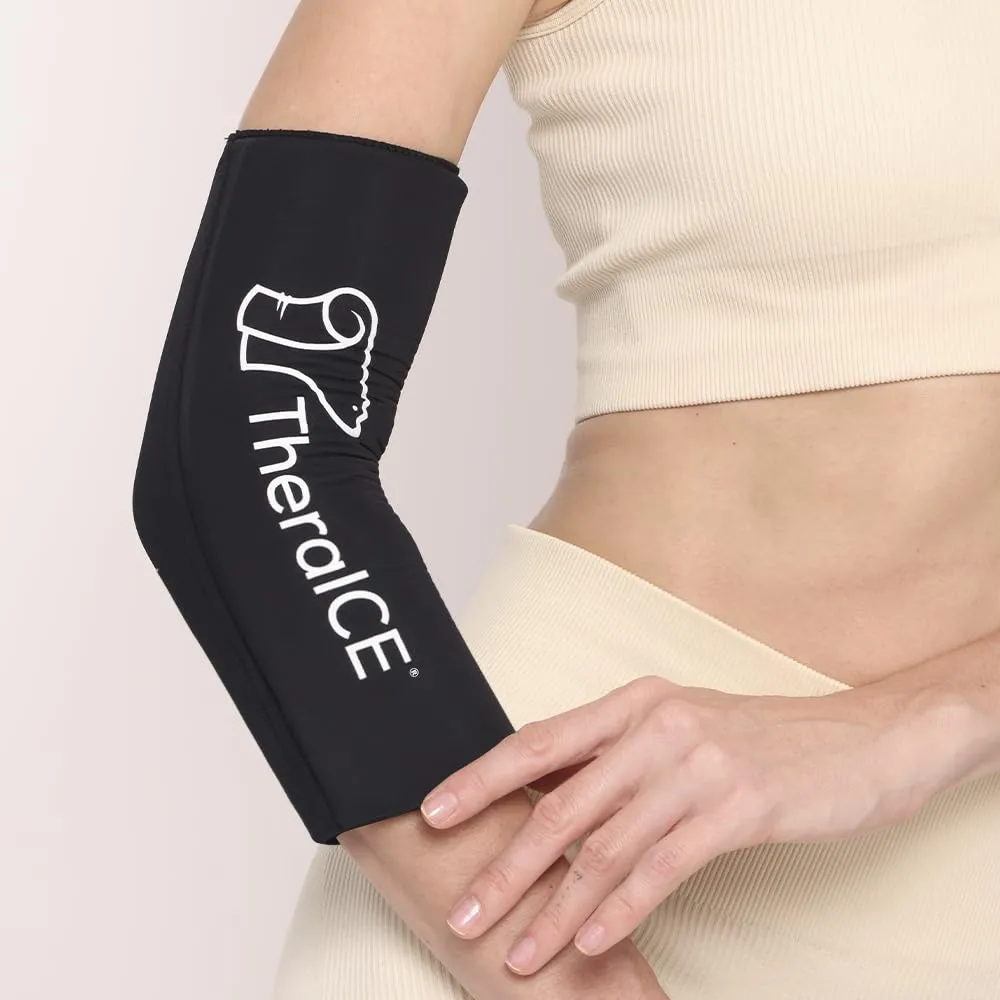 TheraICE Elbow Ice Pack Compression Sleeve for Injuries, Reusable Gel Cold Packs Brace for Knee, Shin Splints, Calf Strain, Flexible Cold Wrap Recovery for Tennis Elbow, Tendinitis Pain Relief (S)