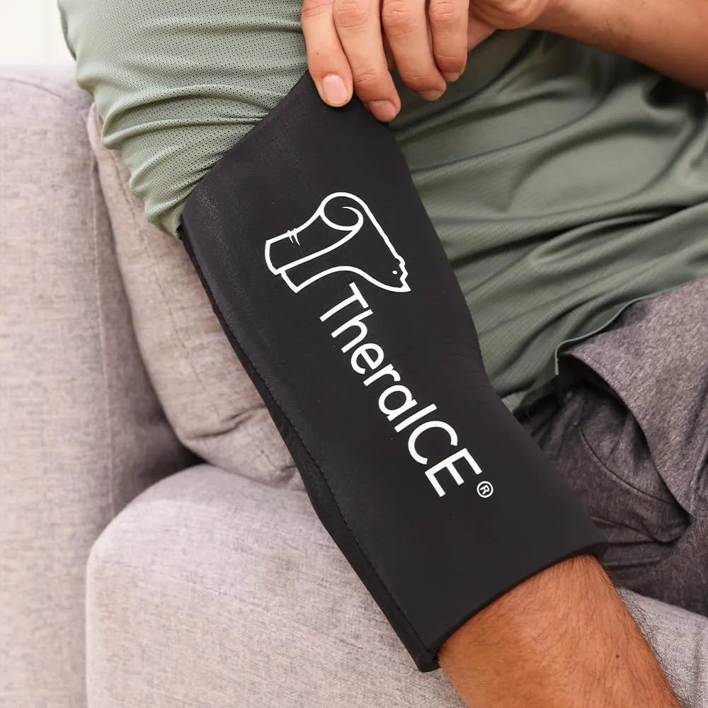 TheraICE Elbow Ice Pack Compression Sleeve for Injuries, Reusable Gel Cold Packs Brace for Knee, Shin Splints, Calf Strain, Flexible Cold Wrap Recovery for Tennis Elbow, Tendinitis Pain Relief (S)