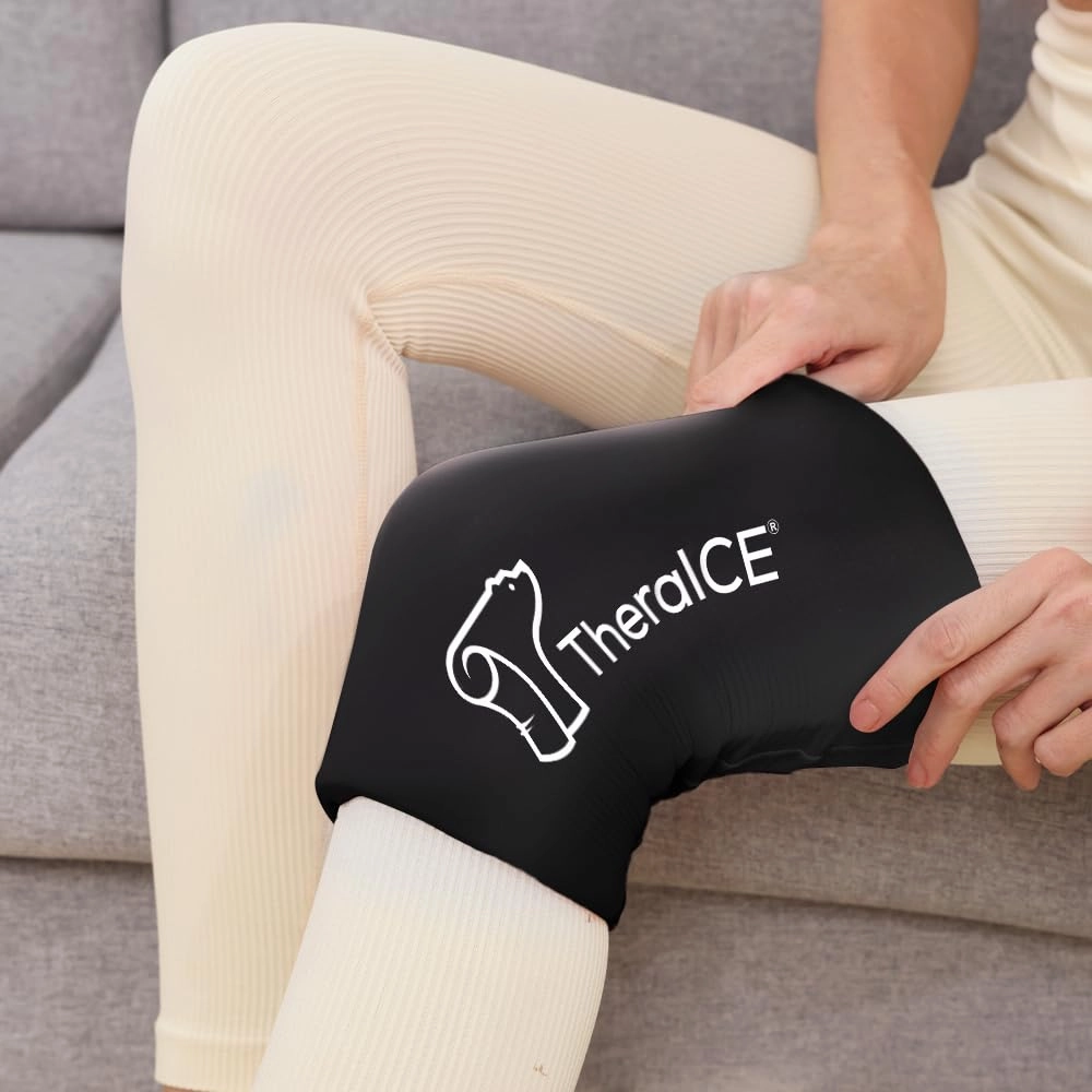 TheraICE Knee Ice Pack Wrap Compression Sleeve for Injuries, Reusable Gel Cold Packs Brace also for Elbow, Ankle & Calf - Flexible Cold Wrap Recovery for Meniscus, ACL, MCL Pain Relief (L)