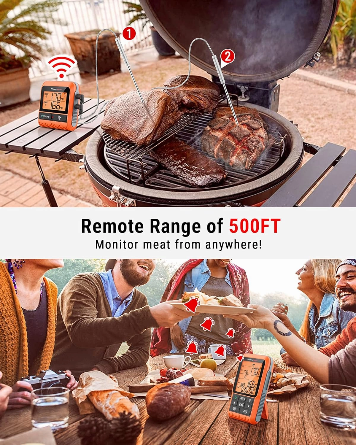 ThermoPro TP826 500FT Wireless Meat Thermometer, Dual Meat Probe Cooking Thermometer with HI/Low Alert, IPX4 Food Grill Thermometer, Outdoor Fryer Accessories for BBQ, Smoker, Oven, Grilling Gifts
