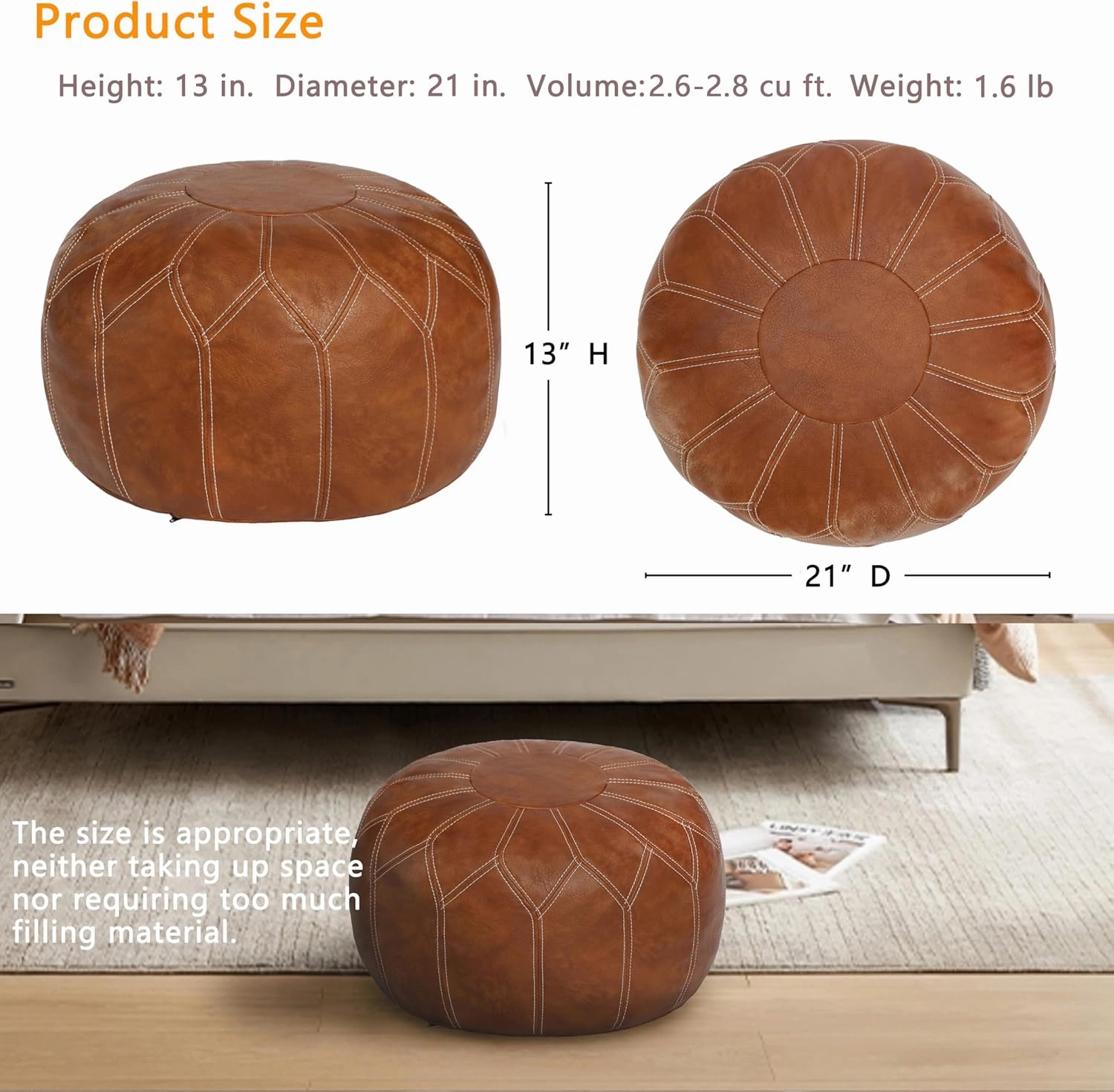 Thgonwid Unstuffed Moroccan Faux Leather Pouf Ottoman with Storage - Handmade Boho Chic Multi-Use Footrest for Living Room, Bedroom, Patio - Round Ethnic Floor Cushion & Decorative Accent, Brown
