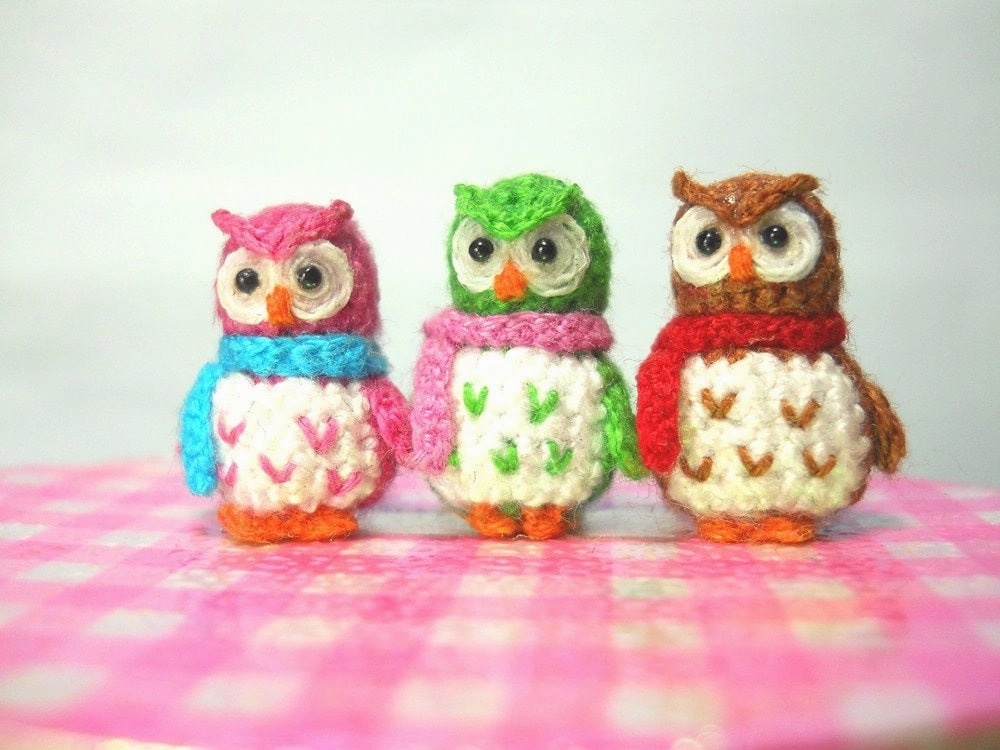 Three Micro Mini Owls - Tiny Amigurumi Crochet Miniature Owl Plush - Made To Order
