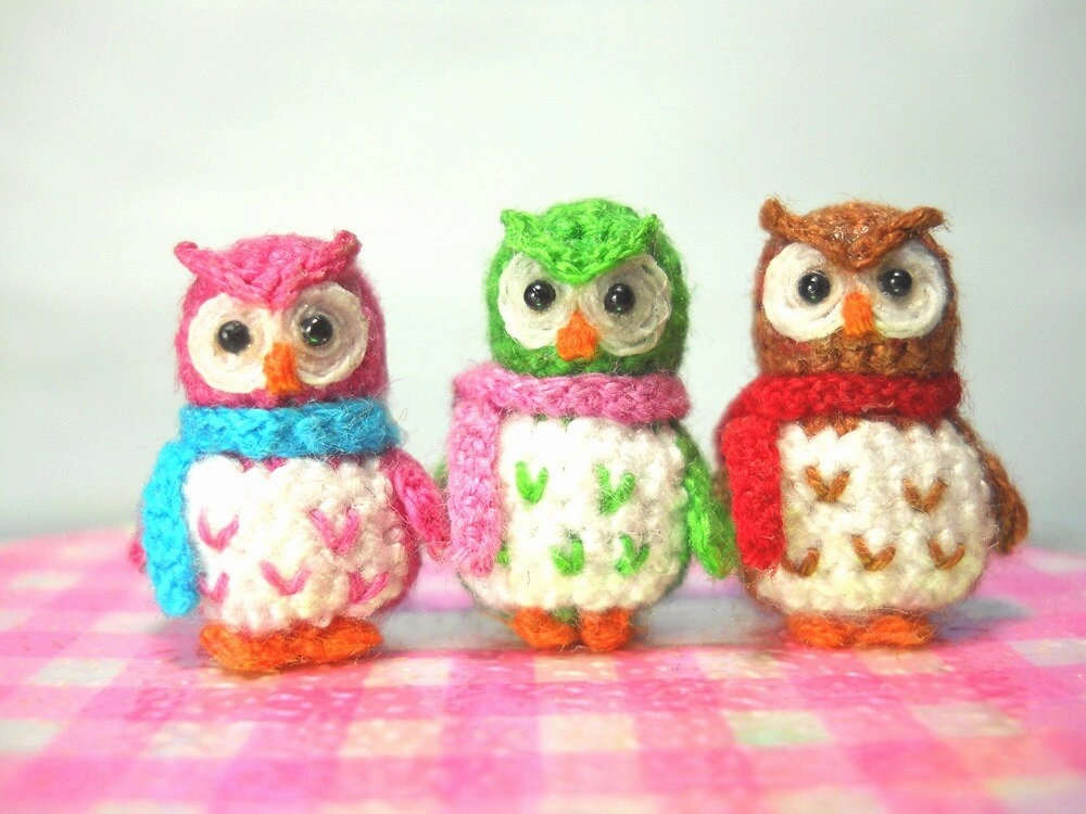 Three Micro Mini Owls - Tiny Amigurumi Crochet Miniature Owl Plush - Made To Order