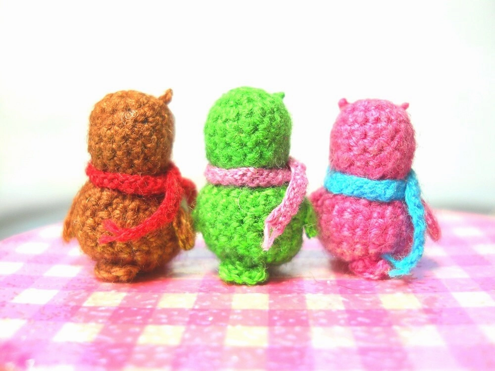 Three Micro Mini Owls - Tiny Amigurumi Crochet Miniature Owl Plush - Made To Order