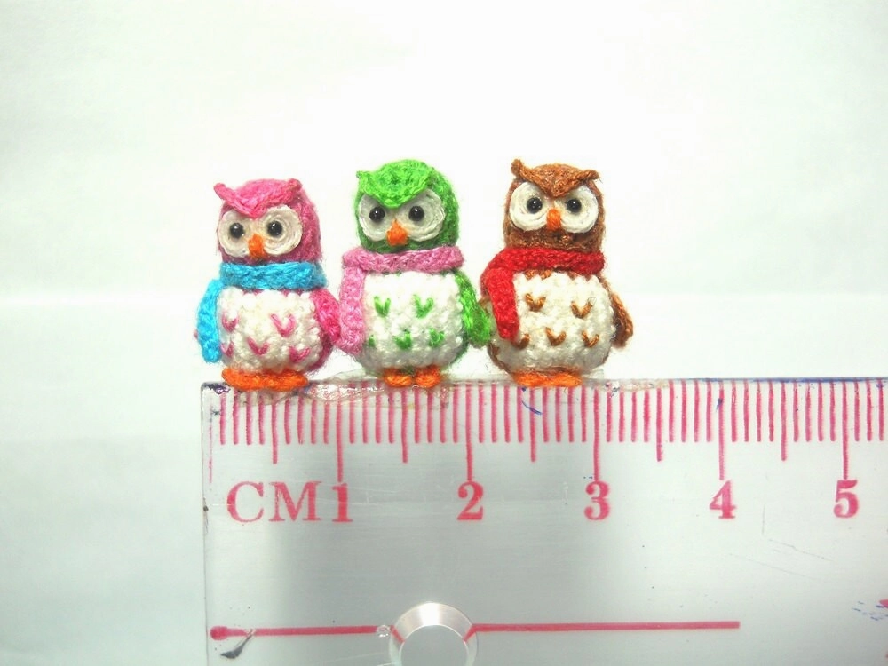 Three Micro Mini Owls - Tiny Amigurumi Crochet Miniature Owl Plush - Made To Order