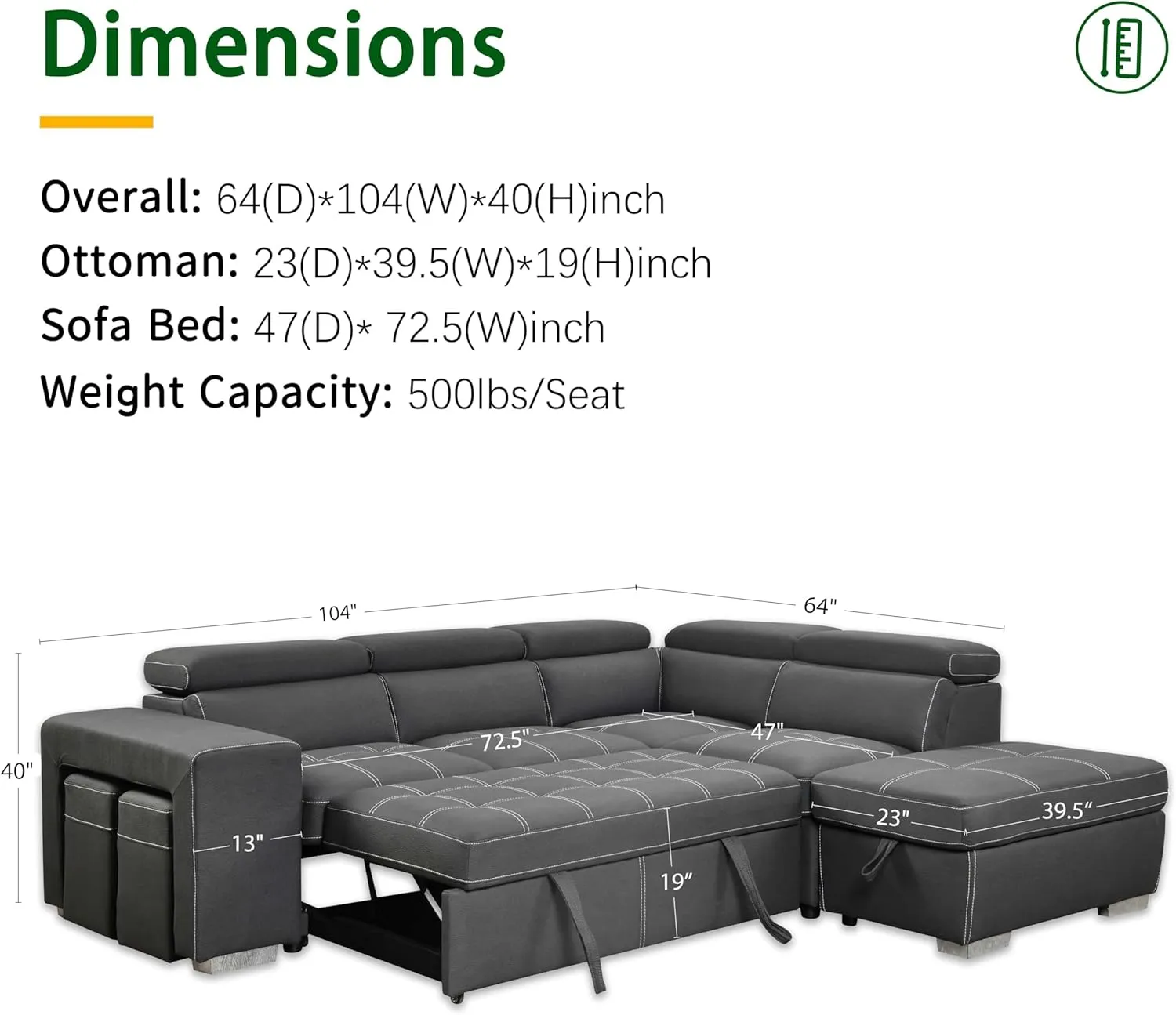 THSUPER 104'' Microfiber L Shaped Sectional Sleeper Sofa Couch with Pull Out Bed and Storage Ottoman, Convertible Couches with Adjustable Headrest for Living Room, Right Facing Chaise. Charcoal Grey