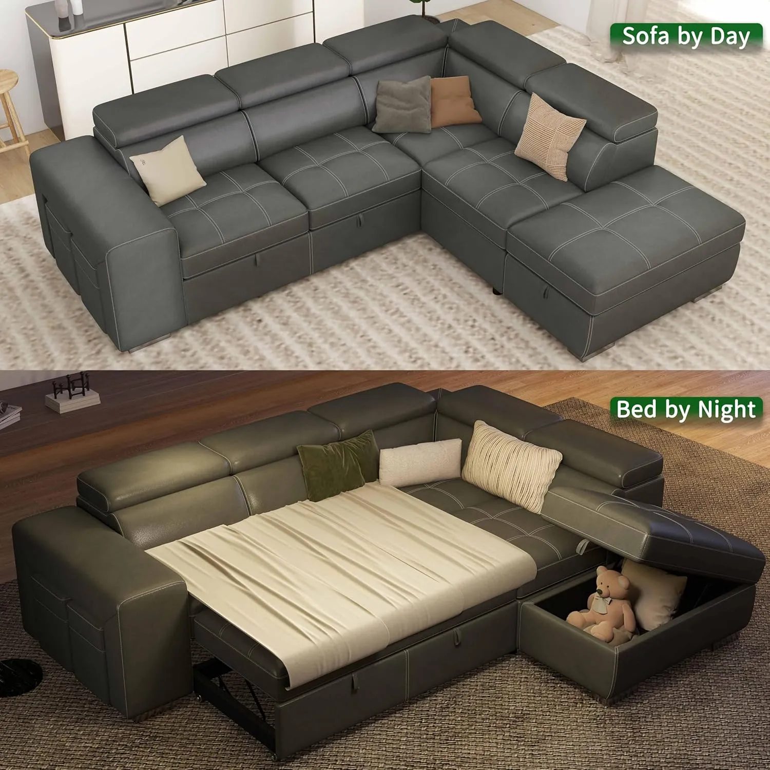 THSUPER 104'' Microfiber L Shaped Sectional Sleeper Sofa Couch with Pull Out Bed and Storage Ottoman, Convertible Couches with Adjustable Headrest for Living Room, Right Facing Chaise. Charcoal Grey