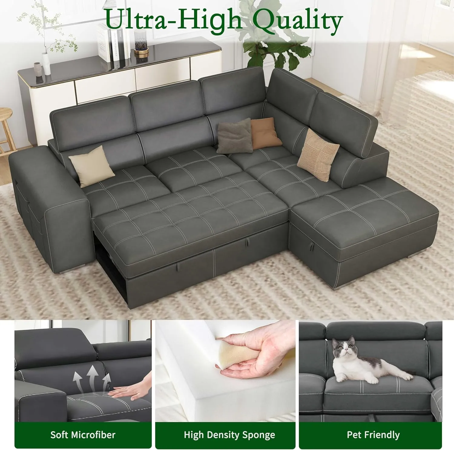 THSUPER 104'' Microfiber L Shaped Sectional Sleeper Sofa Couch with Pull Out Bed and Storage Ottoman, Convertible Couches with Adjustable Headrest for Living Room, Right Facing Chaise. Charcoal Grey