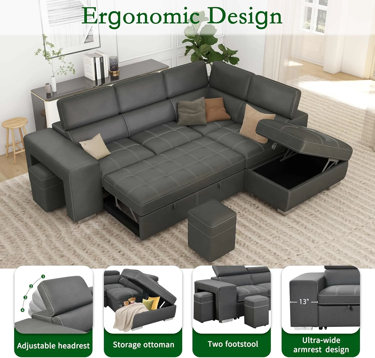 THSUPER 104'' Microfiber L Shaped Sectional Sleeper Sofa Couch with Pull Out Bed and Storage Ottoman, Convertible Couches with Adjustable Headrest for Living Room, Right Facing Chaise. Charcoal Grey