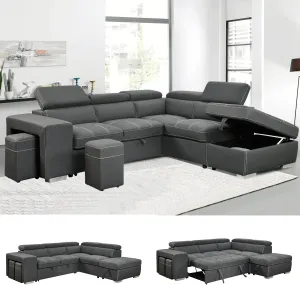 THSUPER 104'' Microfiber L Shaped Sectional Sleeper Sofa Couch with Pull Out Bed and Storage Ottoman, Convertible Couches with Adjustable Headrest for Living Room, Right Facing Chaise. Charcoal Grey
