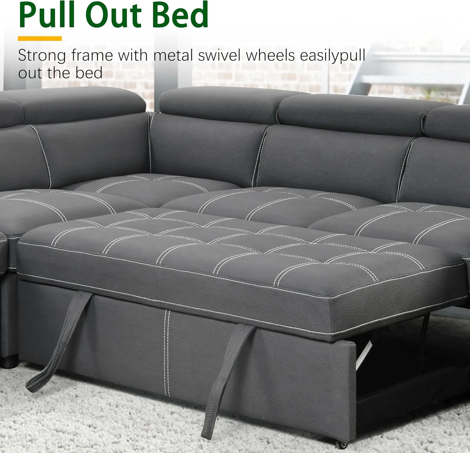 THSUPER 104'' Microfiber L Shaped Sectional Sleeper Sofa Couch with Pull Out Bed and Storage Ottoman, Convertible Couches with Adjustable Headrest for Living Room, Right Facing Chaise. Charcoal Grey