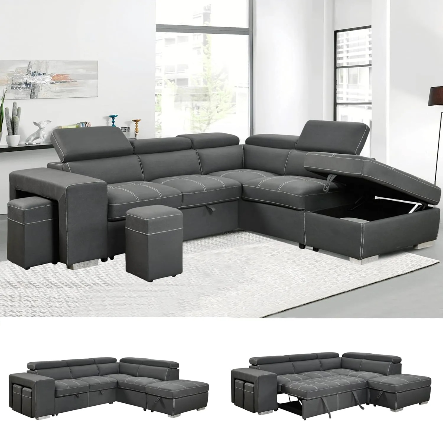 THSUPER 104'' Microfiber L Shaped Sectional Sleeper Sofa Couch with Pull Out Bed and Storage Ottoman, Convertible Couches with Adjustable Headrest for Living Room, Right Facing Chaise. Charcoal Grey