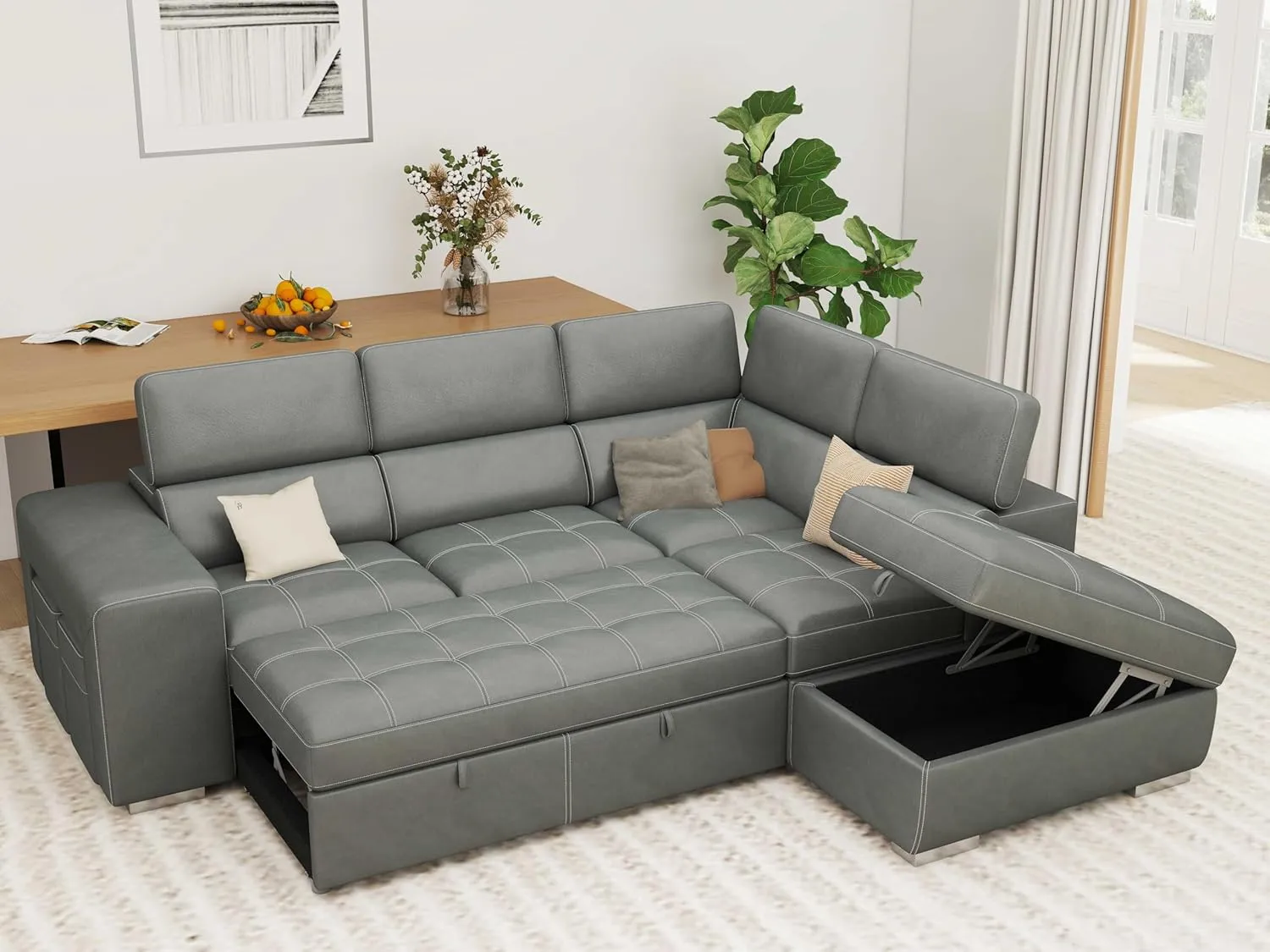 THSUPER 104'' Microfiber L Shaped Sectional Sleeper Sofa Couch with Pull Out Bed and Storage Ottoman, Convertible Couches with Adjustable Headrest for Living Room, Right Facing Chaise. Charcoal Grey