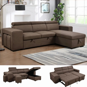 THSUPER 102'' Microfiber L Shaped Sectional Sleeper Sofa Couch with Pullout Bed and Storage Chaise, Convertible Couches with Adjustable Headrest for Living Room, Reversible Chaise. Dark Brown