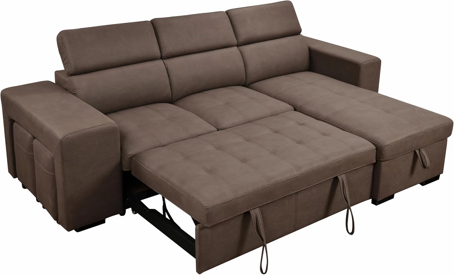 THSUPER 102'' Microfiber L Shaped Sectional Sleeper Sofa Couch with Pullout Bed and Storage Chaise, Convertible Couches with Adjustable Headrest for Living Room, Reversible Chaise. Dark Brown