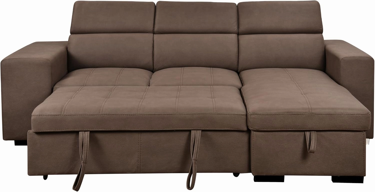 THSUPER 102'' Microfiber L Shaped Sectional Sleeper Sofa Couch with Pullout Bed and Storage Chaise, Convertible Couches with Adjustable Headrest for Living Room, Reversible Chaise. Dark Brown