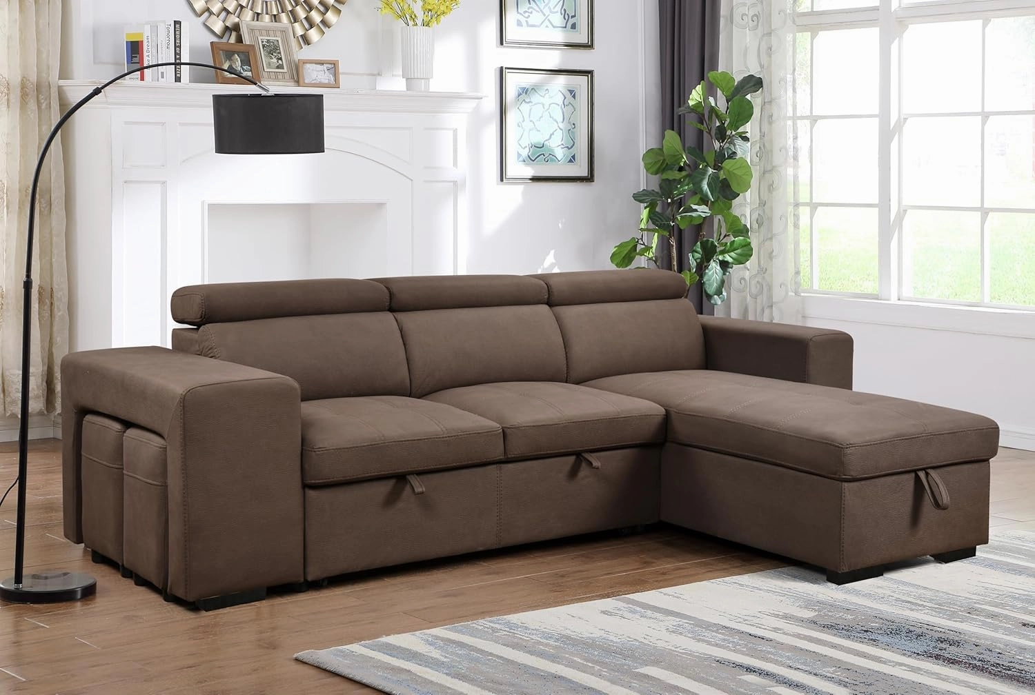 THSUPER 102'' Microfiber L Shaped Sectional Sleeper Sofa Couch with Pullout Bed and Storage Chaise, Convertible Couches with Adjustable Headrest for Living Room, Reversible Chaise. Dark Brown