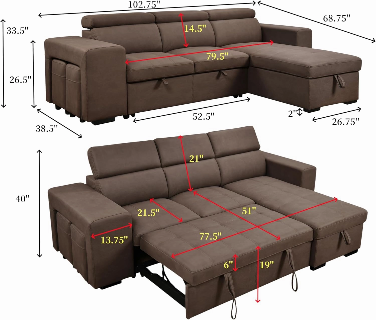 THSUPER 102'' Microfiber L Shaped Sectional Sleeper Sofa Couch with Pullout Bed and Storage Chaise, Convertible Couches with Adjustable Headrest for Living Room, Reversible Chaise. Dark Brown