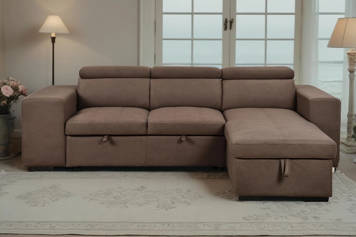THSUPER 102'' Microfiber L Shaped Sectional Sleeper Sofa Couch with Pullout Bed and Storage Chaise, Convertible Couches with Adjustable Headrest for Living Room, Reversible Chaise. Dark Brown