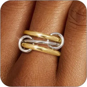 TLY Stackable Rings for Women Non Tarnish 18K Gold Plated Interlocking Ring Stack Set Gold Silver Mixed Metal Statement Rings Dainty Cubic Zirconia CZ Fashion Connected Band Thumb Ring Size 4-11 Jewelry Gift for Women