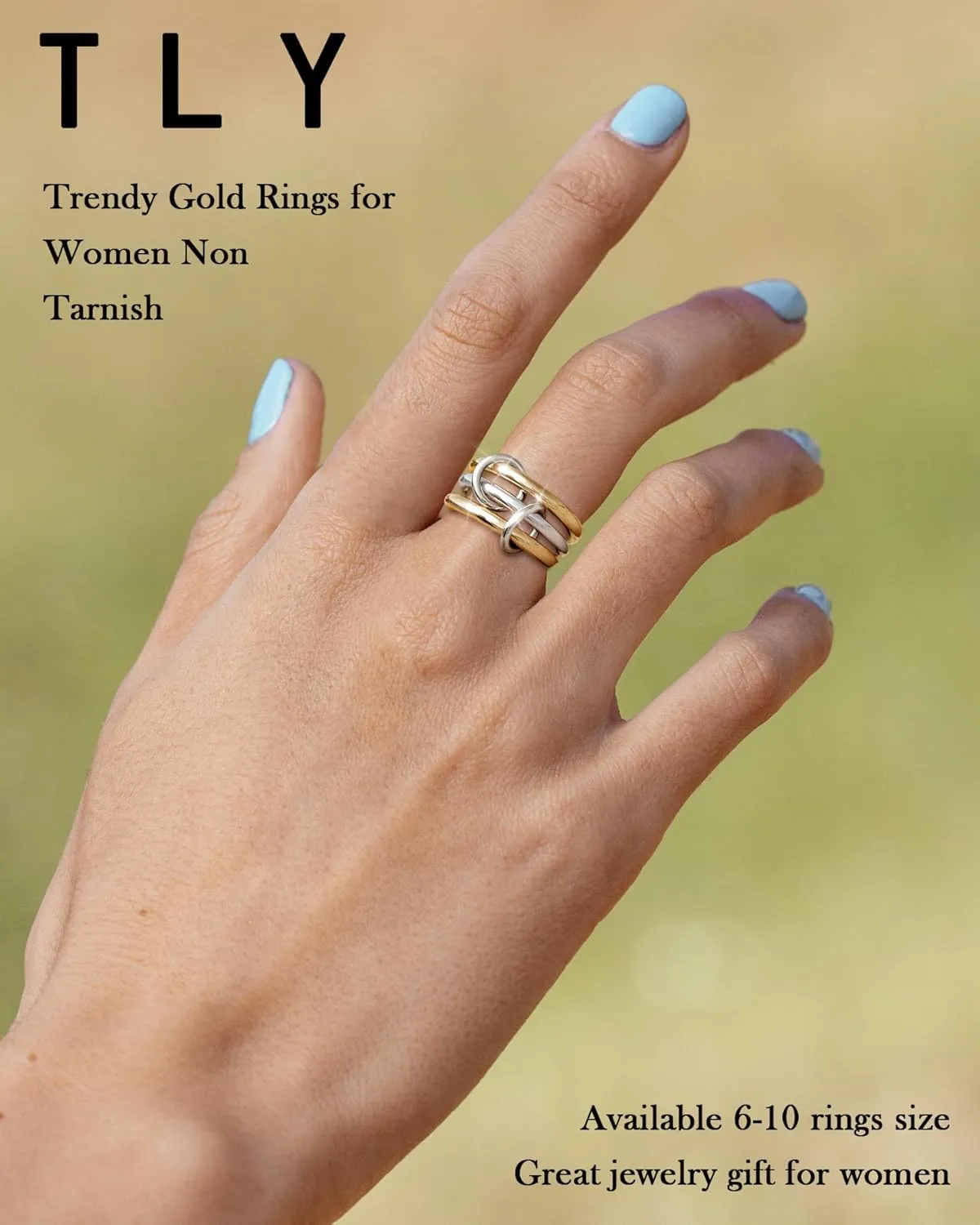TLY Stackable Rings for Women Non Tarnish 18K Gold Plated Interlocking Ring Stack Set Gold Silver Mixed Metal Statement Rings Dainty Cubic Zirconia CZ Fashion Connected Band Thumb Ring Size 4-11 Jewelry Gift for Women