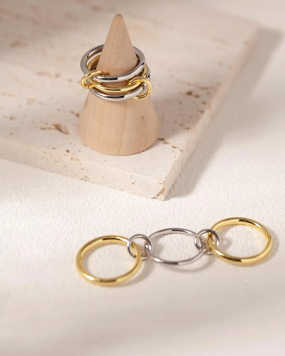 TLY Stackable Rings for Women Non Tarnish 18K Gold Plated Interlocking Ring Stack Set Gold Silver Mixed Metal Statement Rings Dainty Cubic Zirconia CZ Fashion Connected Band Thumb Ring Size 4-11 Jewelry Gift for Women