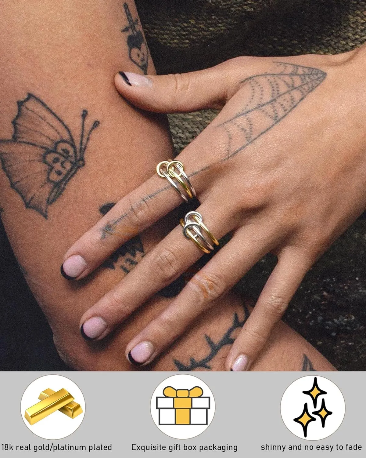 TLY Stackable Rings for Women Non Tarnish 18K Gold Plated Interlocking Ring Stack Set Gold Silver Mixed Metal Statement Rings Dainty Cubic Zirconia CZ Fashion Connected Band Thumb Ring Size 4-11 Jewelry Gift for Women