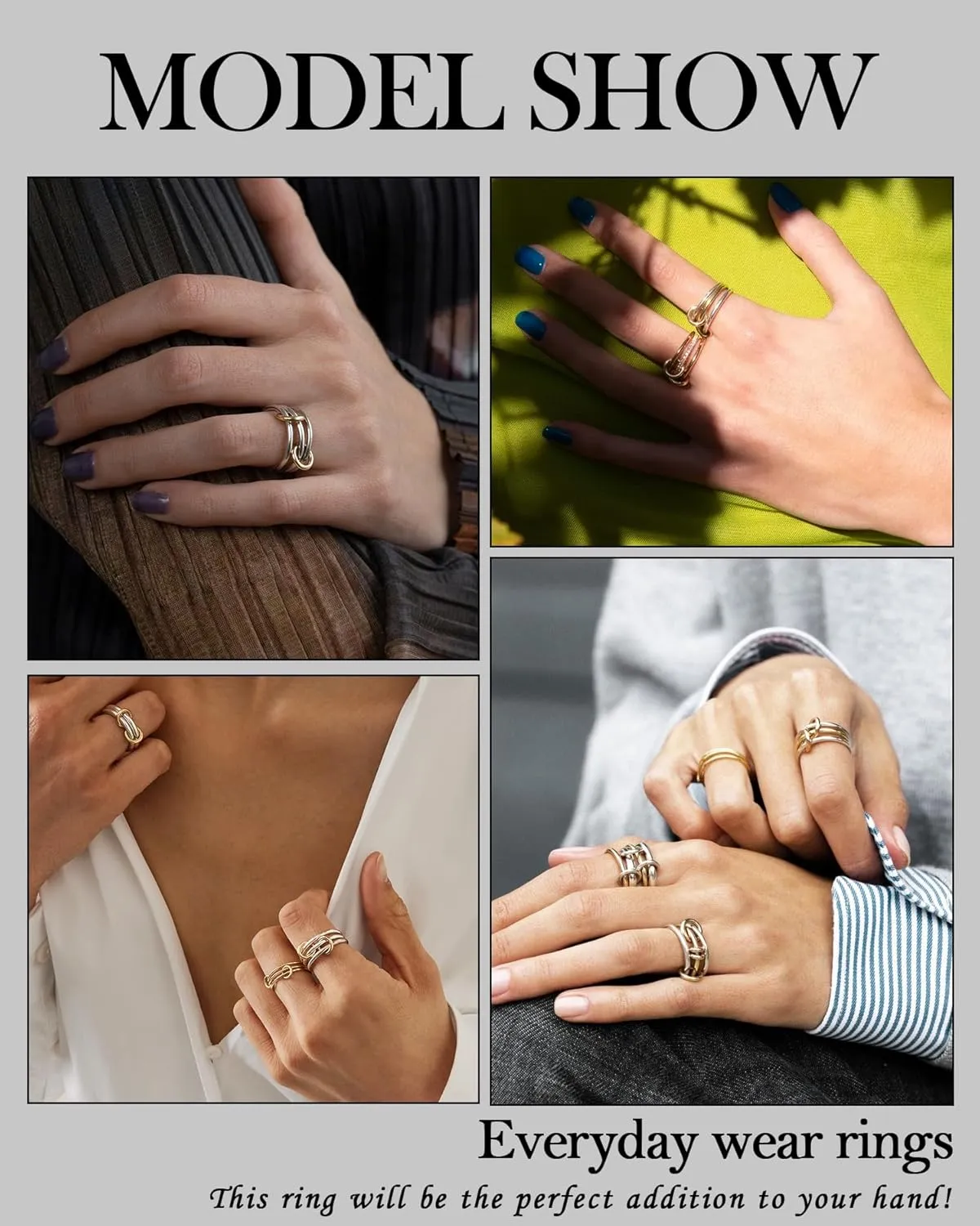 TLY Stackable Rings for Women Non Tarnish 18K Gold Plated Interlocking Ring Stack Set Gold Silver Mixed Metal Statement Rings Dainty Cubic Zirconia CZ Fashion Connected Band Thumb Ring Size 4-11 Jewelry Gift for Women