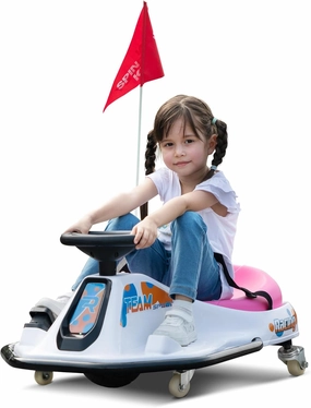 TOBBI 24V Electric Go Kart for Kids Ages 6 , Ride On Drift Go Carts Up to 7.5 mph Variable Speed, High/Low Speed, Brushless Motor, with USB Port, LED Lights, MP3, Victory Flag (Pink-White)