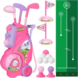 Toddler Golf Set for 2 3 4 5 Years Old, Kids Golf Clubs Set with Golf Cart & Putting Mat, Outdoor Indoor Sports Toys Birthday for Girls Boys, Pink