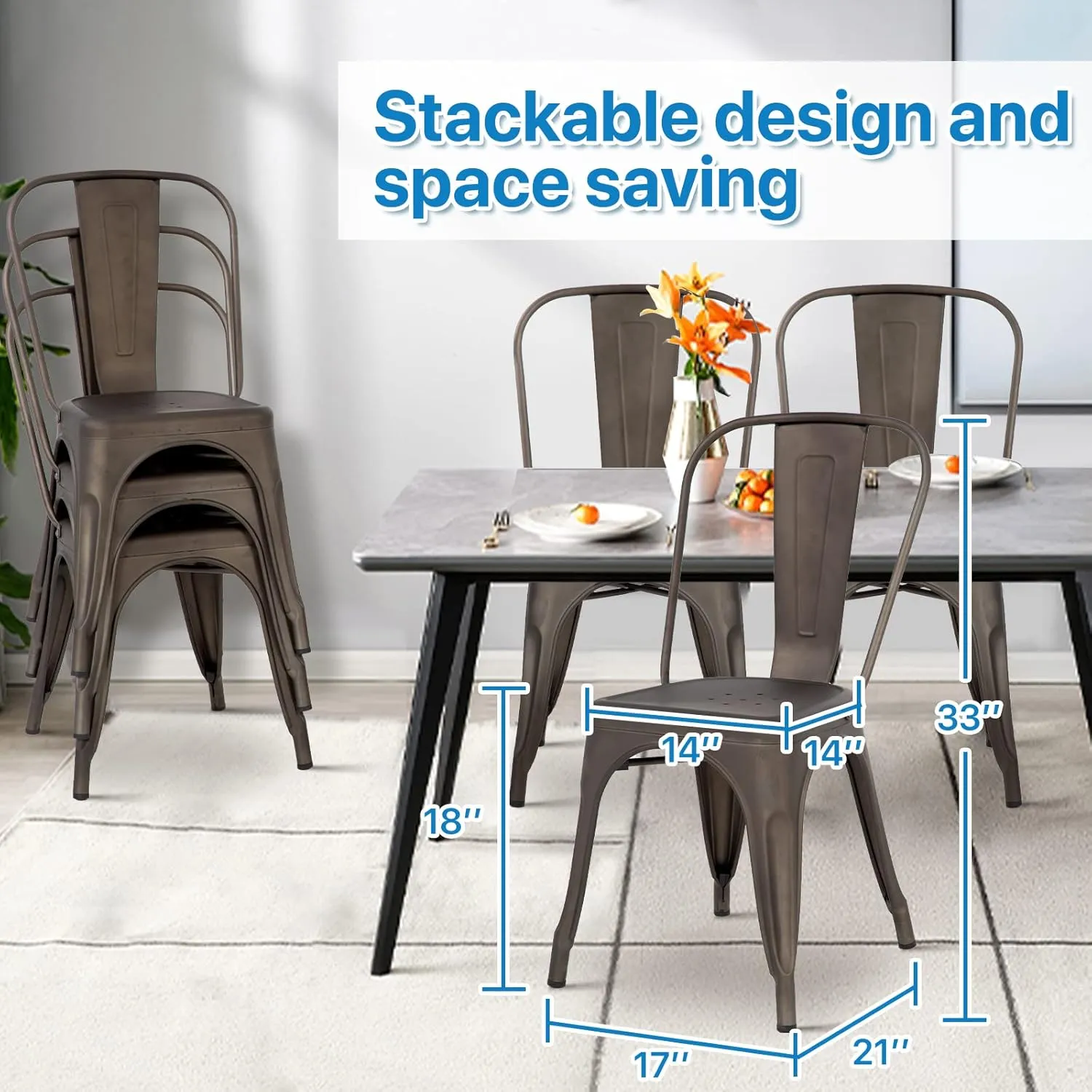 Tolix Metal Dining Chair Set of 4, 18 Inch Seat Height, Stackable, Indoor/Outdoor, Brown