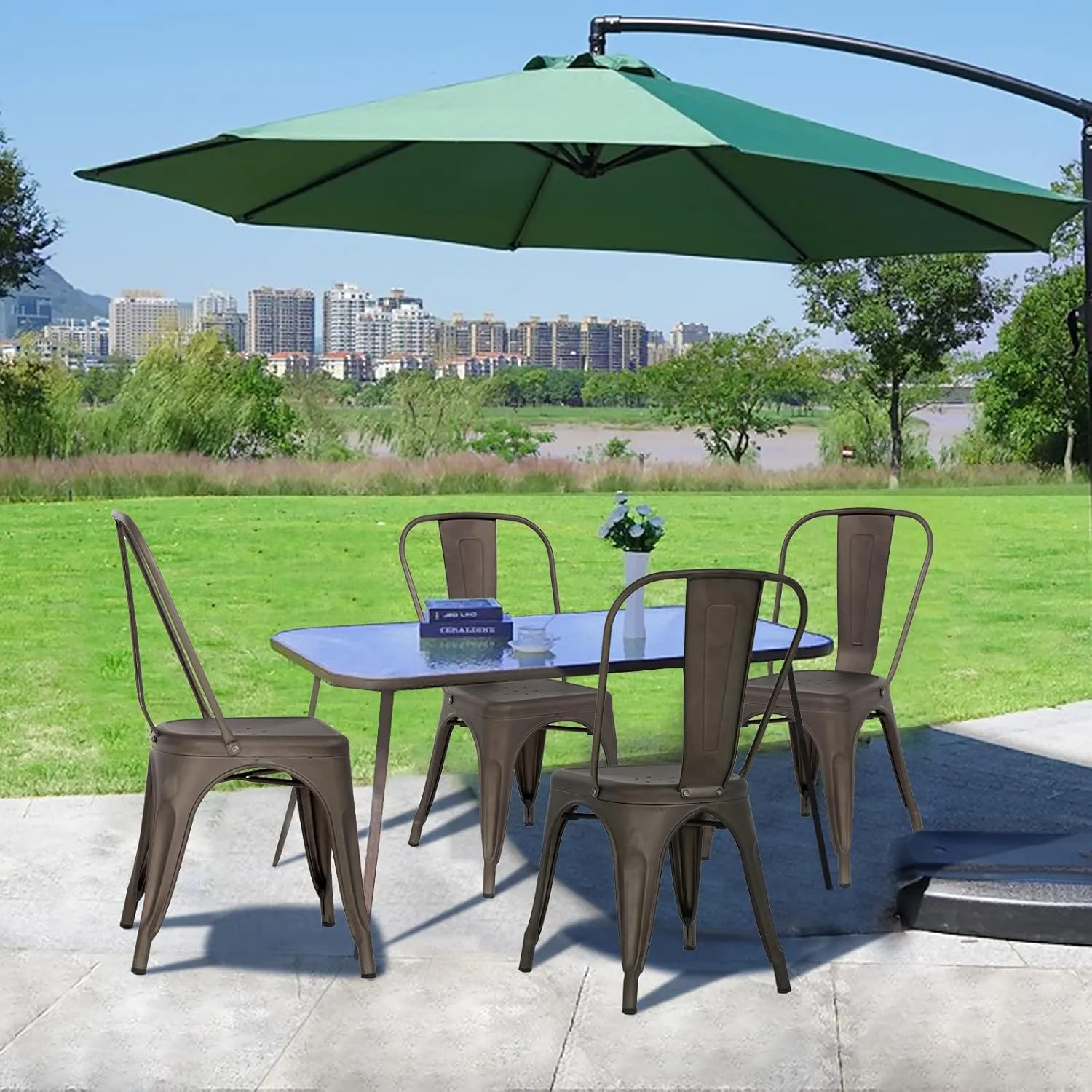 Tolix Metal Dining Chair Set of 4, 18 Inch Seat Height, Stackable, Indoor/Outdoor, Brown