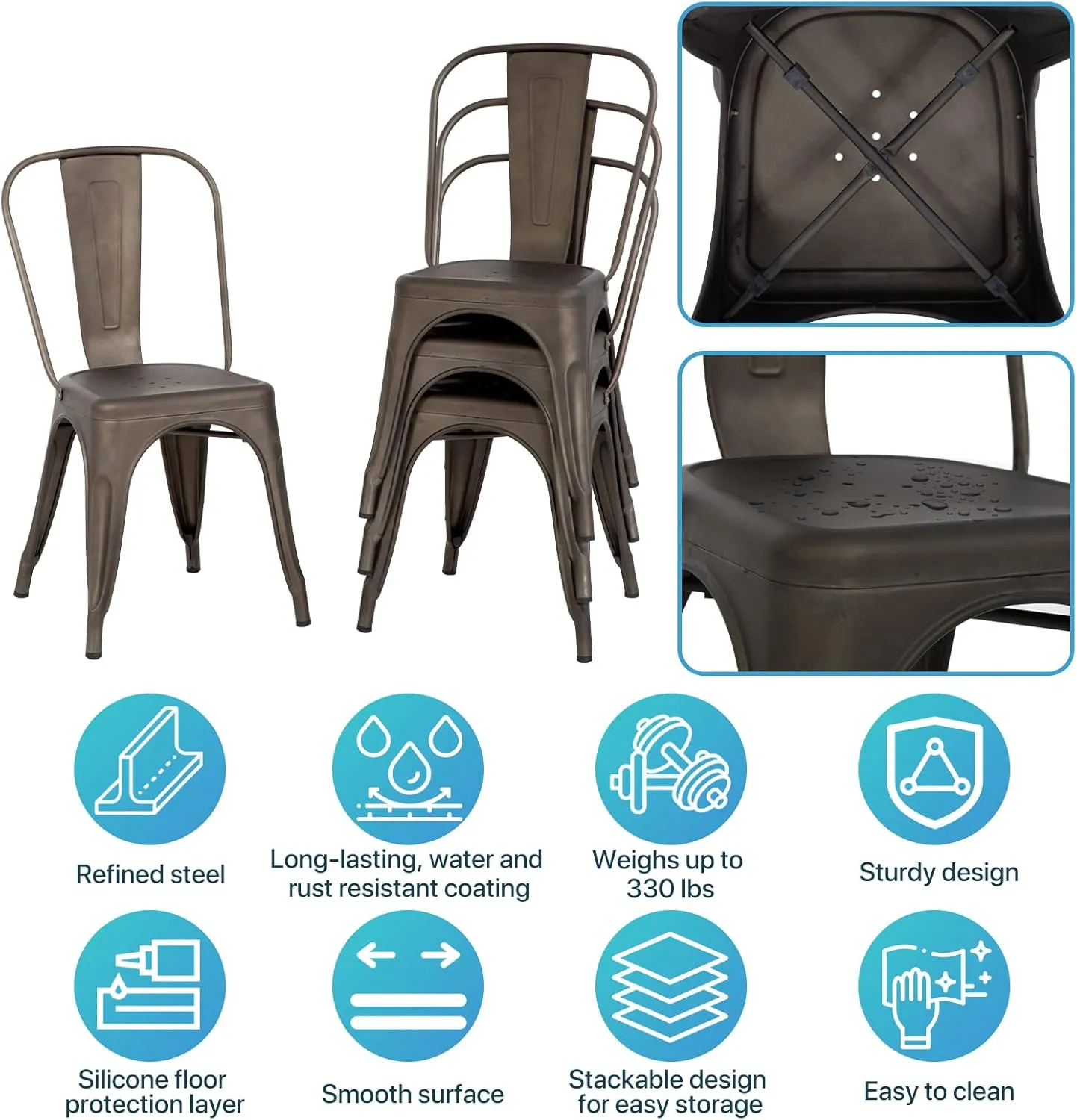 Tolix Metal Dining Chair Set of 4, 18 Inch Seat Height, Stackable, Indoor/Outdoor, Brown